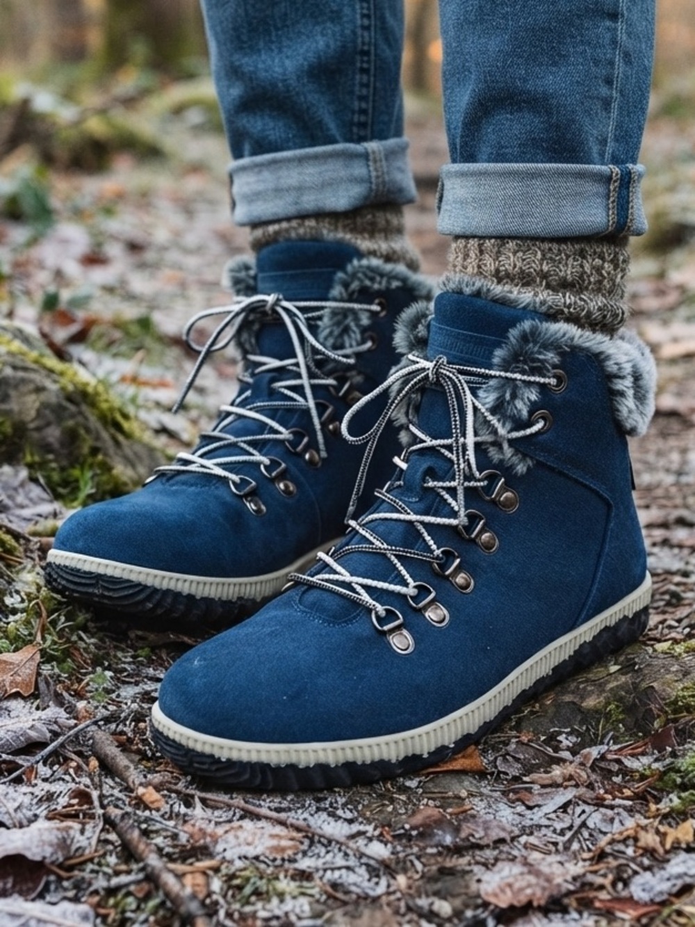 Muk Luks Blue Suede Leather Faux Fur Lace Up Winter Hiking Boots Size 10